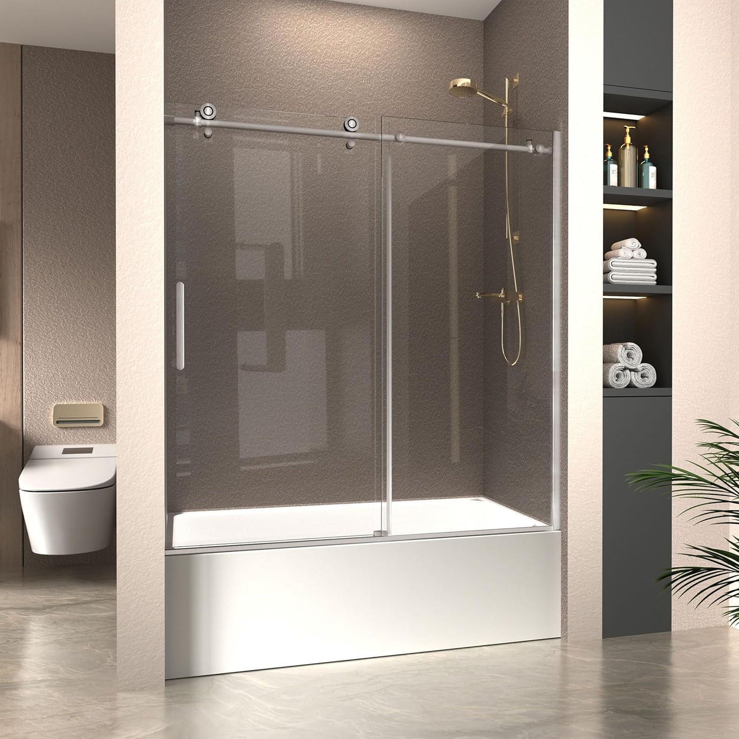 CKB Bathtub Sliding Doors, Semi-Frameless Bypass Tub Door, 56"–60" W × 56" H, 1/4" (6mm) ANSI Tempered Safety Glass, Matte Black, Berlin