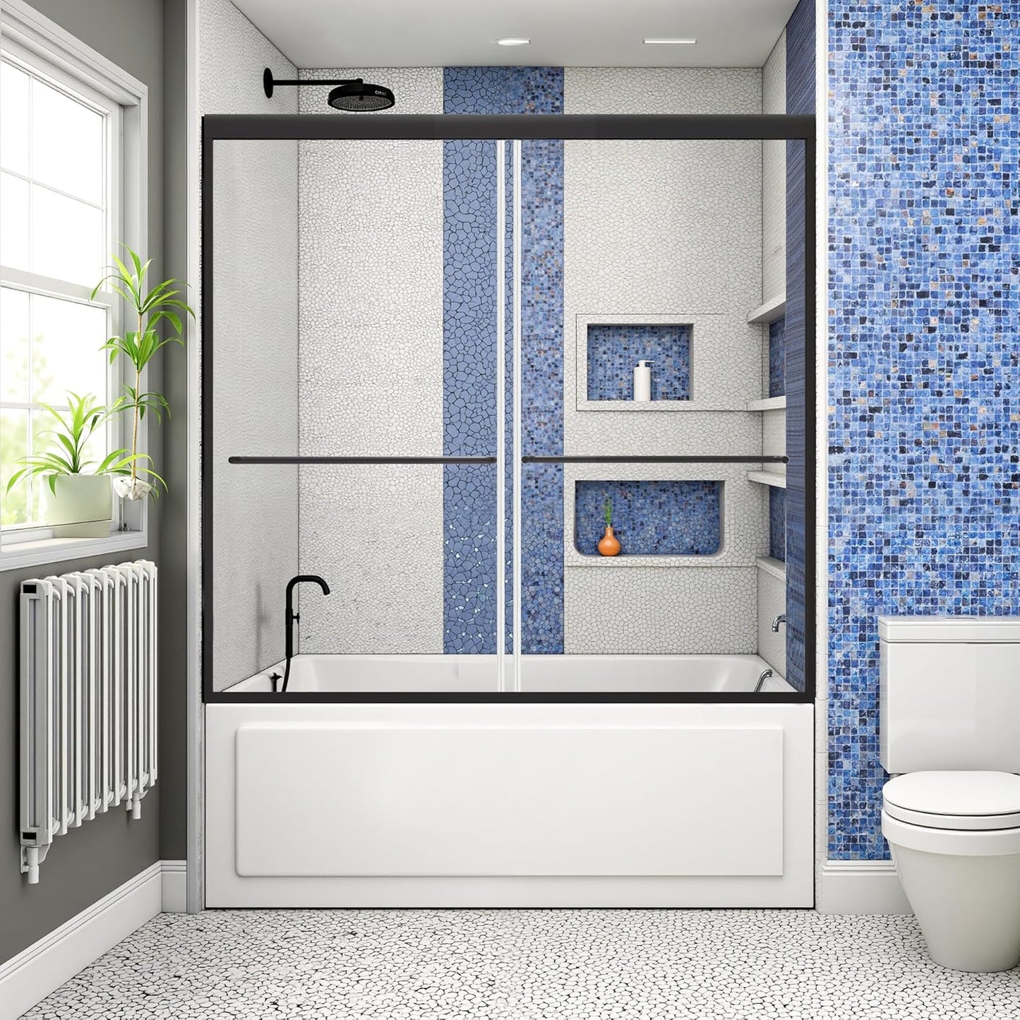 Shower Door Bathtub Sliding 56-60" W x 58" H, Shower Doors for Walk in Shower, Water Repellent Bathroom Shower Glass Bathtub Door, ABS Anti-Collision Rubber, Matte Black (1/4")