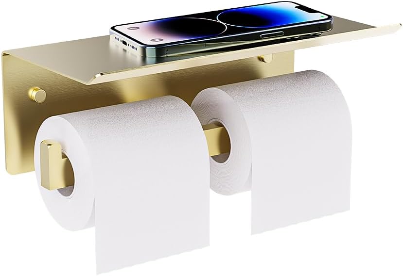 Double Toilet Paper Holder with Shelf, FreshGlow Large Tissue Holder Brushed Nickel, Wall Mount Commercial Toilet Paper Dispenser Phone Shelf Stainless Steel, Tissue Roll for Bathroom