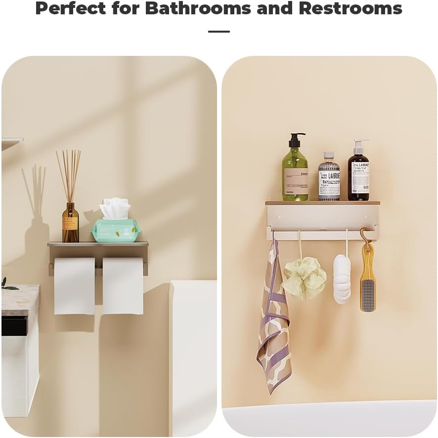 Double Toilet Paper Holder with Shelf, FreshGlow Large Tissue Holder Brushed Nickel, Wall Mount Commercial Toilet Paper Dispenser Phone Shelf Stainless Steel, Tissue Roll for Bathroom
