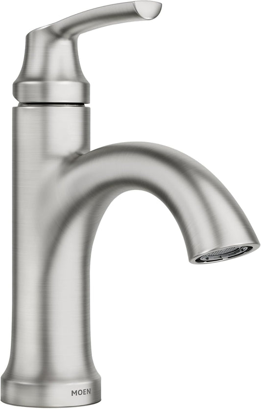 Moen Wellton Spot Resist Brushed Nickel One Hole Single-Handle Bathroom Faucet with Optional Deck Plate and Drain Assembly, 84980SRN