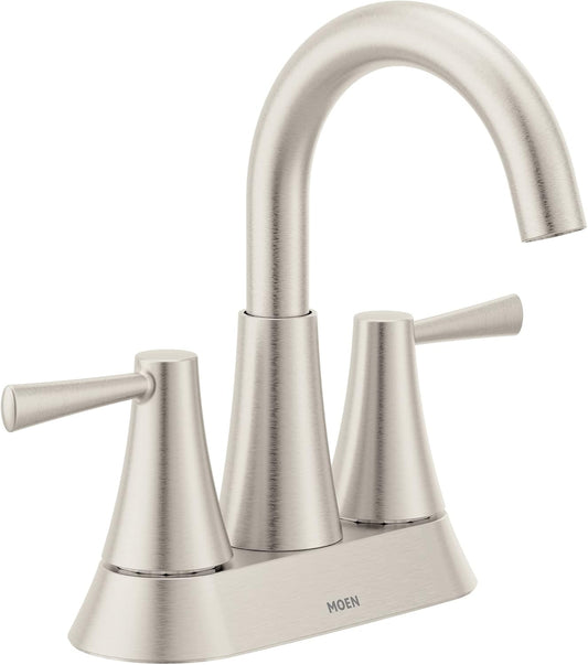 Moen Ronan Spot Resist Brushed Nickel Two-Handle 4" Centerset Modern Bathroom Faucet with Push-Down Drain, 84022SRN