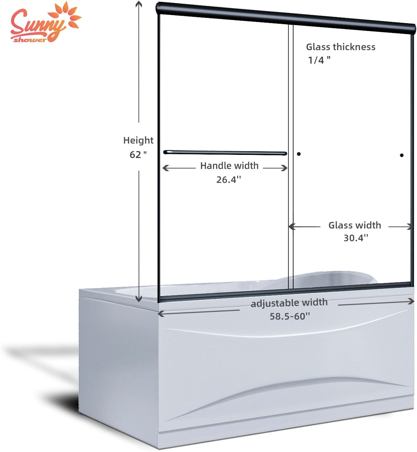 SUNNY SHOWER Bathtub Shower Door Glass Sliding Tub Door Semi-Frameless 1/4" Clear Glass Shower Enclosure Doors for Bathroom, Black Finish 58.5-60 in.W x 62 in.H