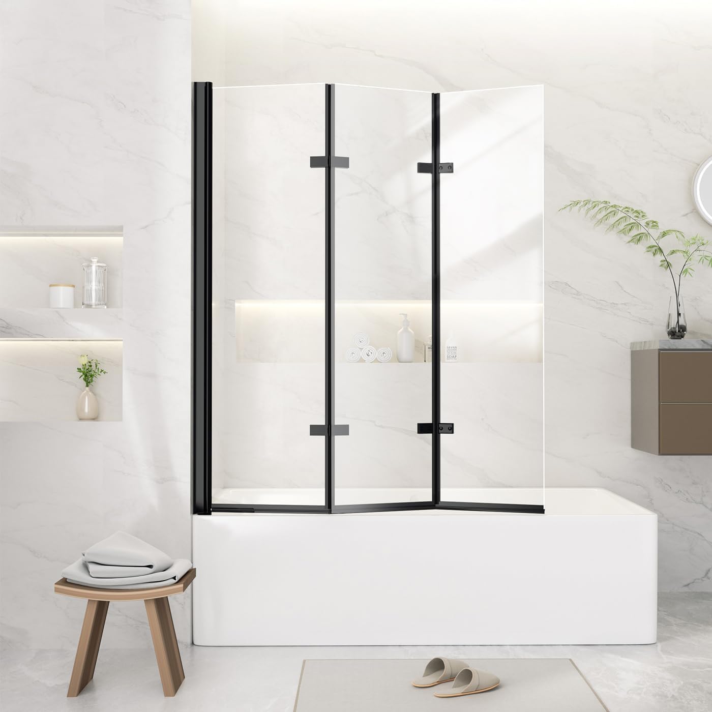 Foldable Tub Shower Door, 47" W x 55" H Frameless Hinged Shower Screen for Bathtub, 1/5" Tempered Glass Door for Shower, 180° Pivot Swing Tri-fold Glass Panel for Bathtub, Matte Black