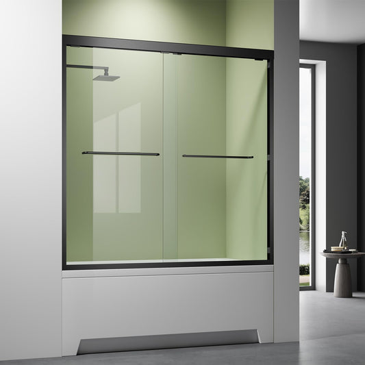 Bathtub Shower Door,56-60 inch W x 57 inch H Bypass Double Sliding Bath Tub Glass Shower Door,Semi-Frameless SGCC/ANSI Certified 1/4 inch Clear Tempered Glass,Matte Black Stainless Steel Handles