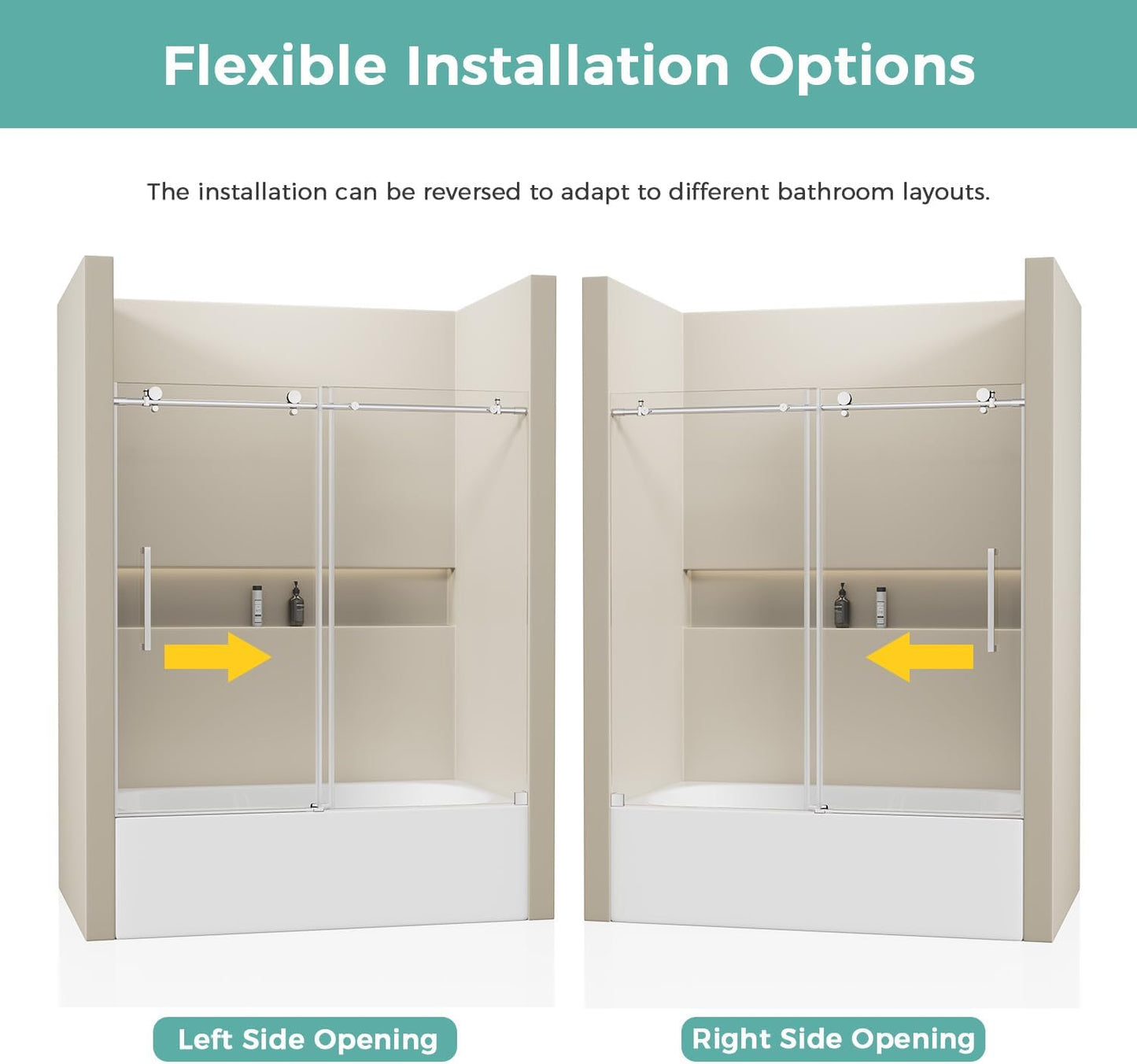 Frameless Tub Shower Door 56-59" W x 59" H, 5/16"(8mm) SGCC Clear Tempered Glass Bathtub Glass Door with Explosion-Proof Film, Tub Doors Can Be Installed Left Or Right, Stainless Steel, Silver