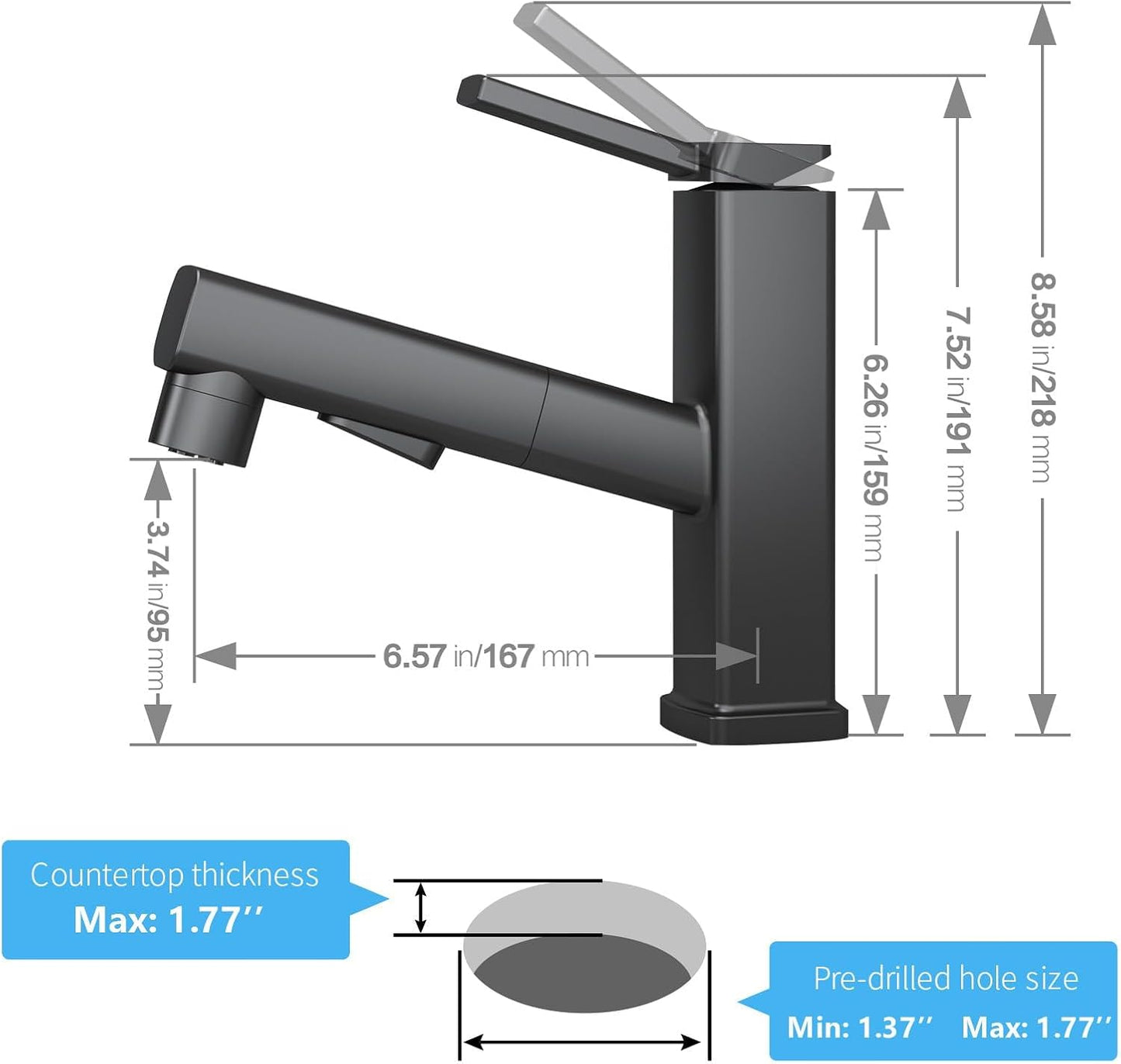 HANLIAN Single Hole Pull Out Faucet for Bathroom Sink, Black Sink Faucet Bathroom, One Handle Modern Restroom Tap with Pull Down Sprayer, 3 Modes Washroom Pull Out Tap with Rotating Spout