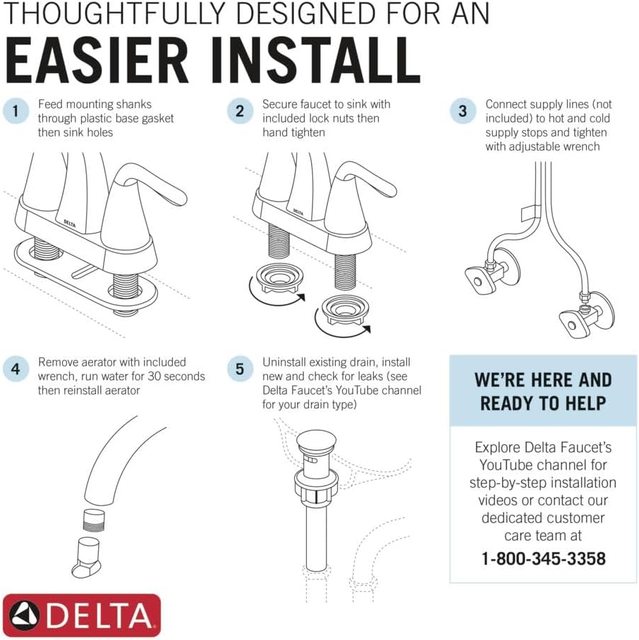Delta Foundations Centerset Chrome Bathroom Faucet, 4 Inch 3 Hole Bathroom Sink Faucet for Vanity, Metal Push-Pop Drain Assembly, Chrome B501LF