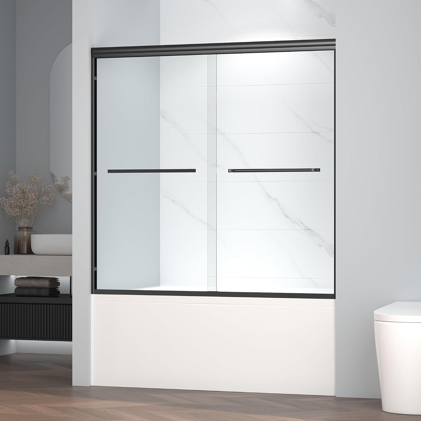 60" W x 58" H Semi-Frameless Bypass Sliding Bathtub Shower Door, Easy-to-Clean Treated Clear Tempered Glass, Matte Black