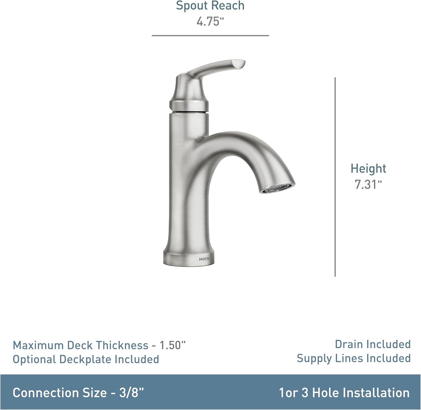 Moen Wellton Spot Resist Brushed Nickel One Hole Single-Handle Bathroom Faucet with Optional Deck Plate and Drain Assembly, 84980SRN