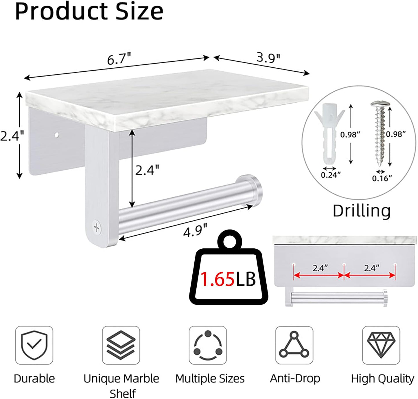 Brushed Nickel Toilet Paper Holder with Natural Marble Shelf, Screw Wall Mounted, Tissue Roll Holder for Bathroom Washroom
