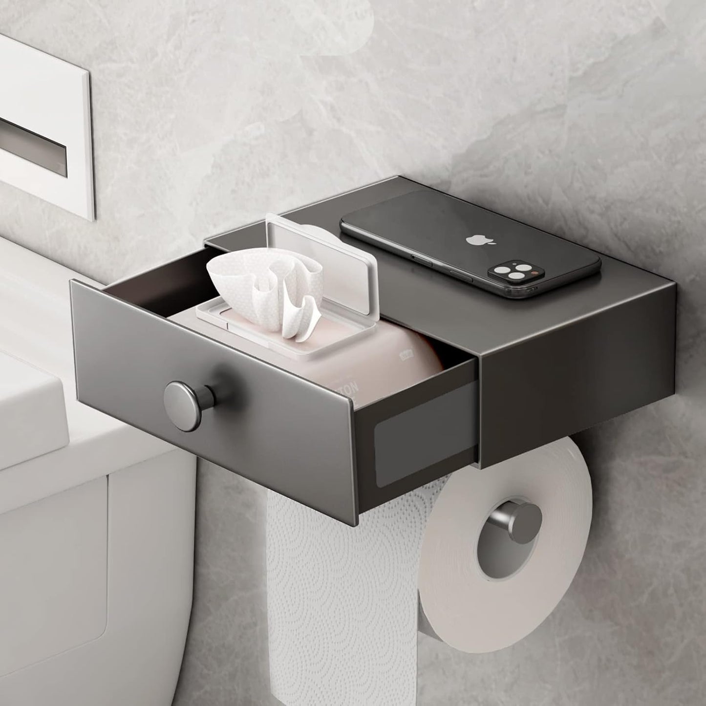 VOLDRA Toilet Paper Holder with Shelf Black Wipes Dispenser for Bathroom Stainless Steel Toilet Paper Holder with Storage Drawer Adhesive Wall Mount Small Bathroom Shelf
