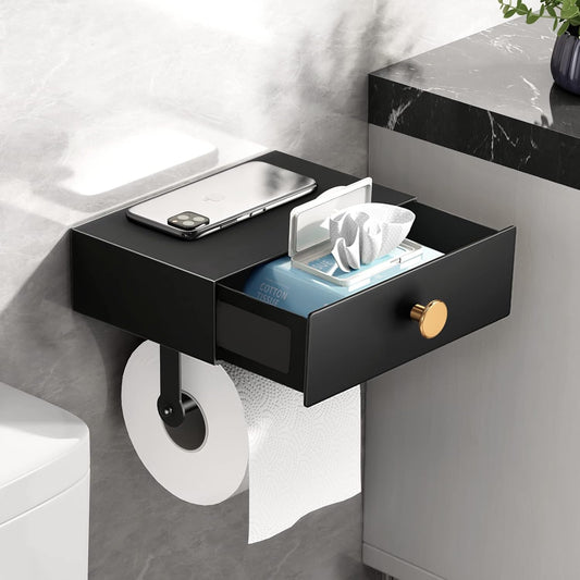 VOLDRA Toilet Paper Holder with Shelf Black Wipes Dispenser for Bathroom Stainless Steel Toilet Paper Holder with Storage Drawer Adhesive Wall Mount Small Bathroom Shelf