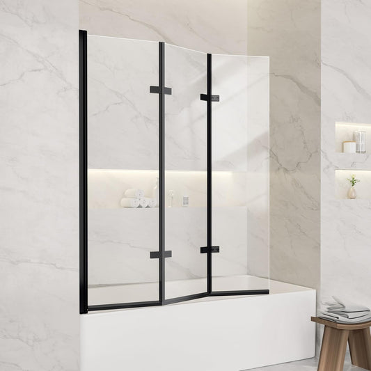 Foldable Tub Shower Door, 47" W x 55" H Frameless Hinged Shower Screen for Bathtub, 1/5" Tempered Glass Door for Shower, 180° Pivot Swing Tri-fold Glass Panel for Bathtub, Matte Black