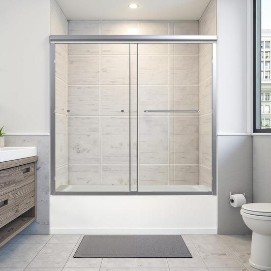 Bathtub Shower Door Double Sliding 56-60" W x 58" H, Semi-Frameless Glass Shower Door Bypass, Bathtub Sliding Glass Door with 1/4" (6mm) SGCC Certified Tempered Glass, Brushed Nickel