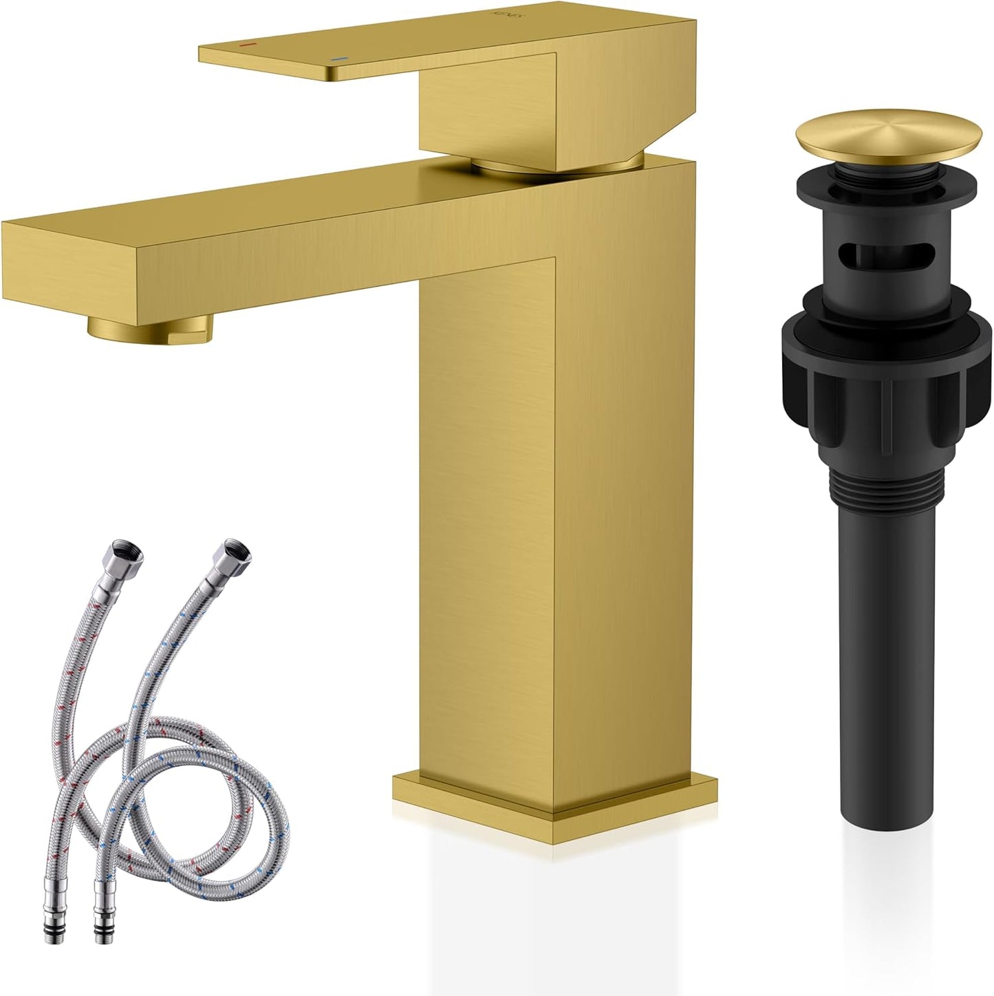KENES Matte Black Single Handle Bathroom Sink Faucet, Stainless Steel Vanity Faucet for Bathroom Sink, with Pop Up Drain Stopper & Water Supply Hoses LJ-9031-2