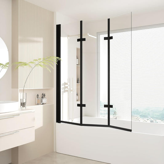 47" W x 55" H Tub Shower Door,Foldable Bathtub Glass Door,Frameless Hinged Shower Screen with Tempered Glass Panel,Matte Black