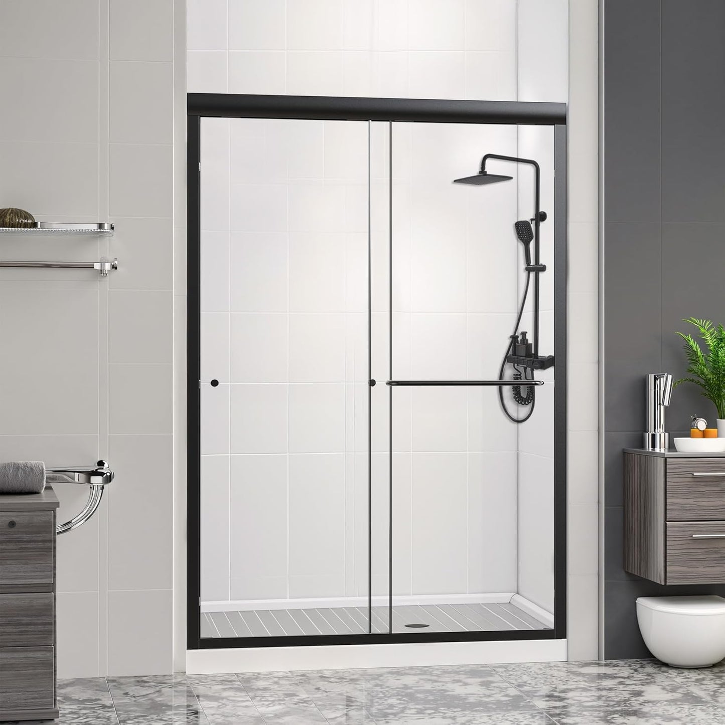 Shower Door Bathtub Sliding 56-60" W x 58" H, Shower Doors for Walk in Shower, Water Repellent Bathroom Shower Glass Bathtub Door, ABS Anti-Collision Rubber, Matte Black (1/4")