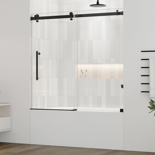 DELAVIN 56-59 in.W x 59 in.H Frameless Bathtub Door, Stainless Steel Tub Shower Door, Bathtub Shower Door with 5/16" (8mm) SGCC Certified Clear Tempered Glass, Black Shower Doors