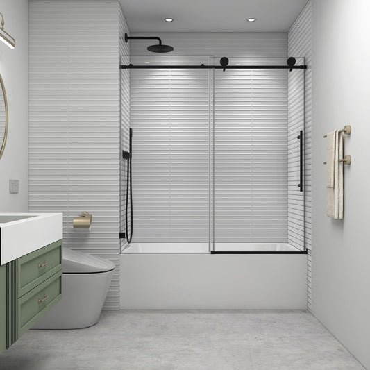 56"-60" W x 63" H Bathtub Soft Closing Sliding Shower Door,Water Repellent Frameless Tub Shower Door with 5/16" (8mm) Nano Explosion-Proof Film Transparent Glass (Matte Black 60" Wx63 H)