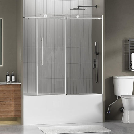 Frameless Bathtub Shower Doors 56-60" Width x 59" Height with 5/16" (8mm) Clear Tempered Glass,Silent Soft-Close Design,Brushed Nickel