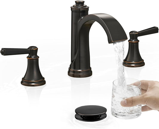 Waterfall Bathroom Faucet 3 Hole, 4-16 Inch Oil Rubbed Bronze Bathroom Faucet, Brass Bathroom Sink Faucet, 2 Handle Bathroom Faucets, Bathroom Vanity Faucet with Pop-Up Drain, Water Hoses