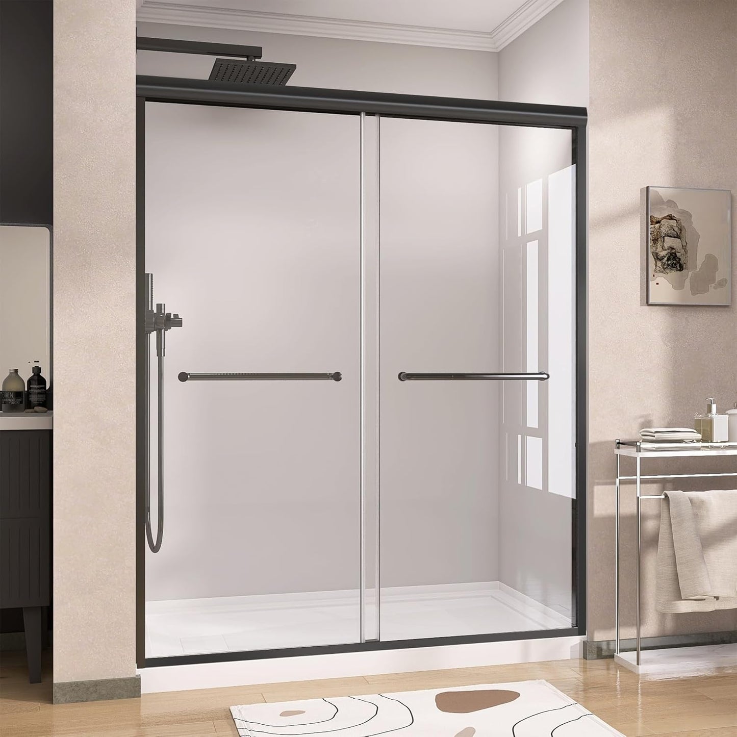 GETPRO Shower Door for Tub 56-60 in. W x 62 in. H Semi-Frameless Tub Door for Shower, Double Sliding Bypass Bath Tub Shower Glass Doors with 5/16 inch Tempered Glass Matte Black