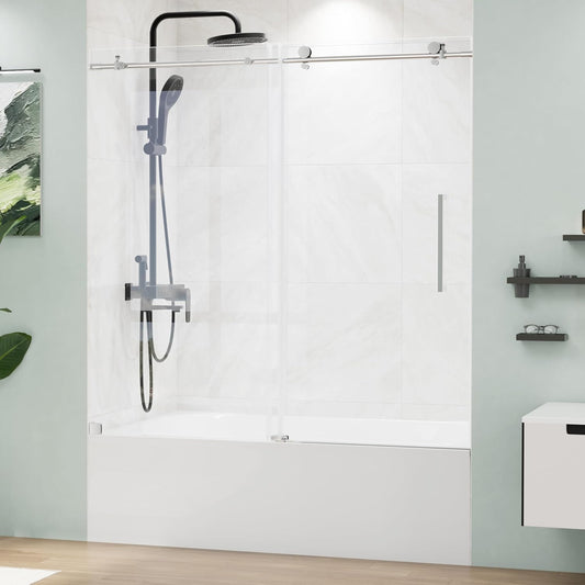 Frameless Tub Shower Door 56-59" W x 59" H, 5/16"(8mm) SGCC Clear Tempered Glass Bathtub Glass Door with Explosion-Proof Film, Tub Doors Can Be Installed Left Or Right, Stainless Steel, Silver