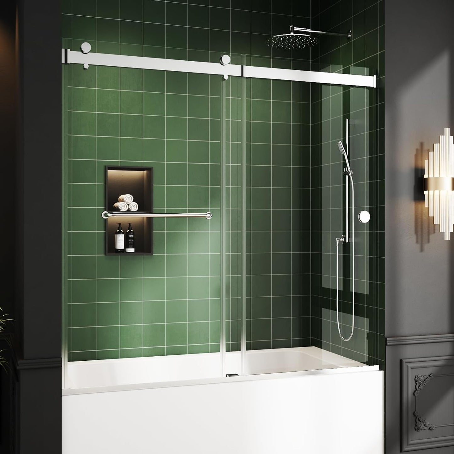 Bathtub Sliding Door, 55"-60" W x 56" H Tub Shower Door, Bathtub Door, Bathtub Glass Door Bathtub Double Sliding Shower Door 5/16" Tempered Glass Explosion-Proof Film Stainless Steel Black