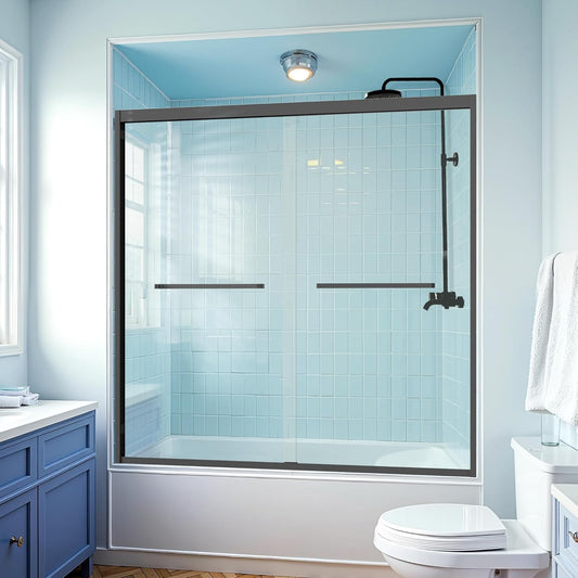 60''W×58''H Glass Tub Door Double Sliding Bathtub Door, 1/4''(6mm) Tempered Glass, Adjustable Width, Easy to Install & Clean, Matte Black