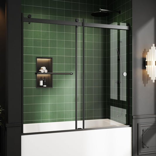 Bathtub Sliding Door, 55"-60" W x 56" H Tub Shower Door, Bathtub Door, Bathtub Glass Door Bathtub Double Sliding Shower Door 5/16" Tempered Glass Explosion-Proof Film Stainless Steel Black
