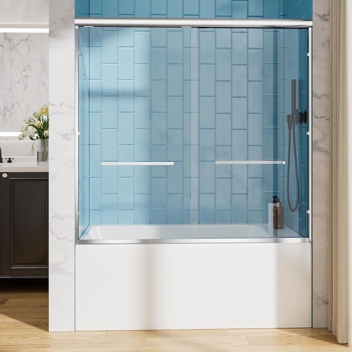 Sliding Bathtub Shower Door, 56-60" W x 57" H Glass Shower Door, Matte Black Aluminum Frame with Stainless Steel Towel Bar