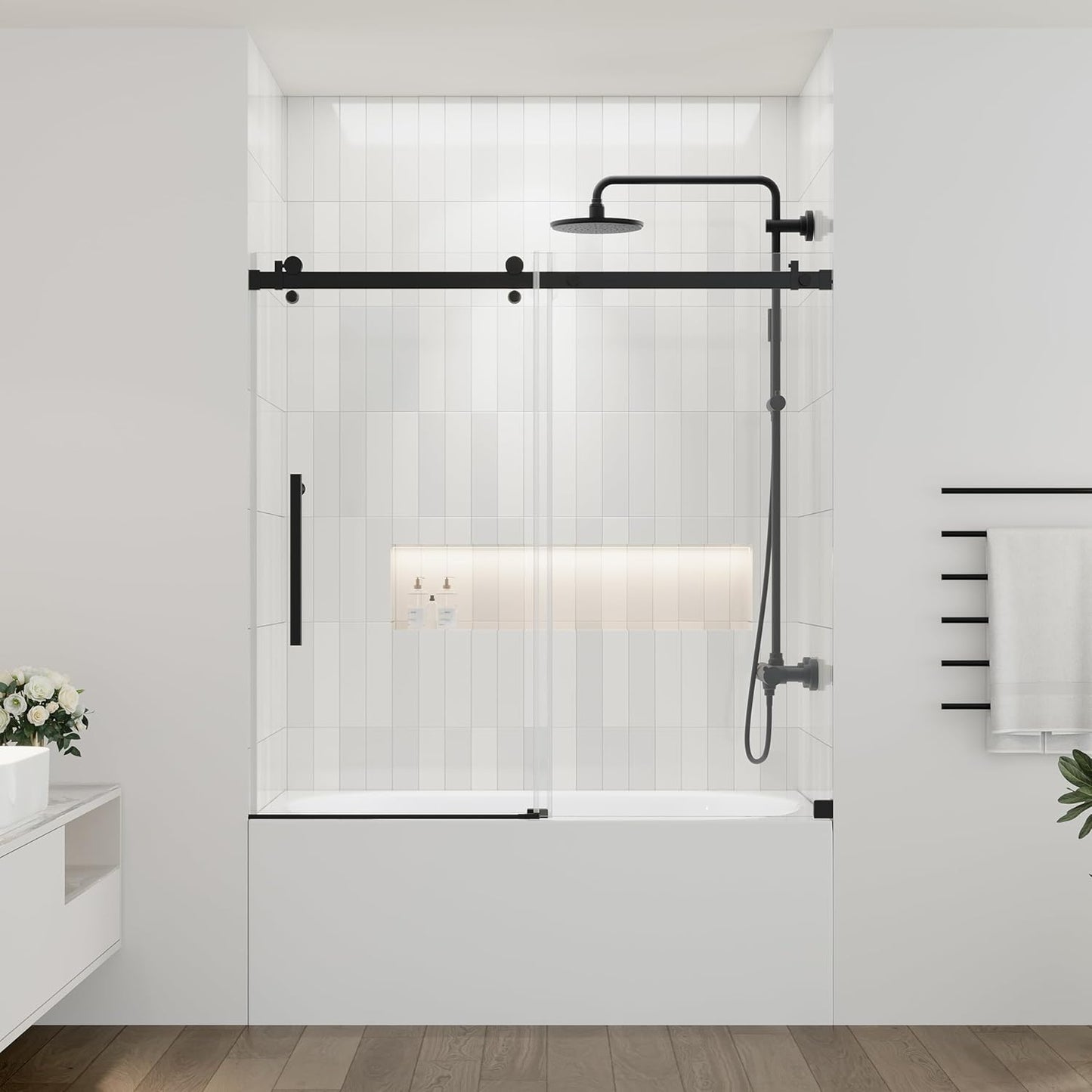 DELAVIN 56-59 in.W x 59 in.H Frameless Bathtub Door, Stainless Steel Tub Shower Door, Bathtub Shower Door with 5/16" (8mm) SGCC Certified Clear Tempered Glass, Black Shower Doors