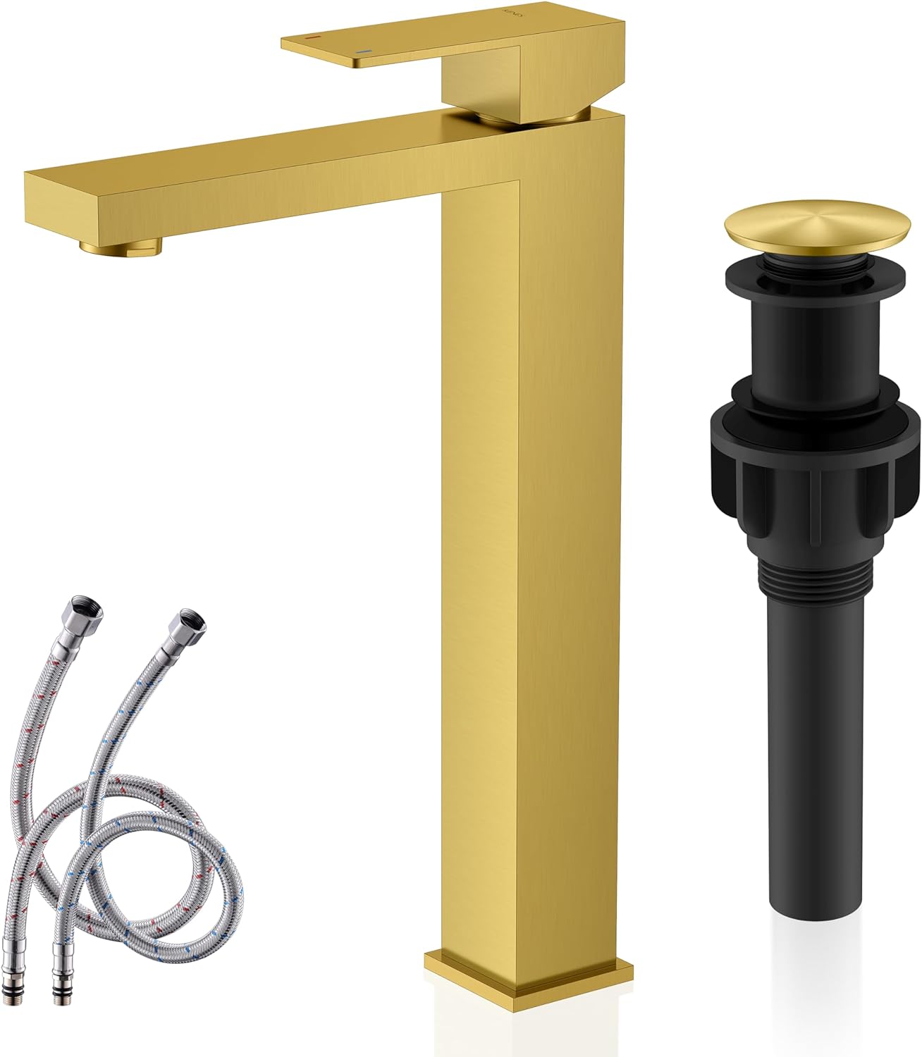KENES Matte Black Single Handle Bathroom Sink Faucet, Stainless Steel Vanity Faucet for Bathroom Sink, with Pop Up Drain Stopper & Water Supply Hoses LJ-9031-2