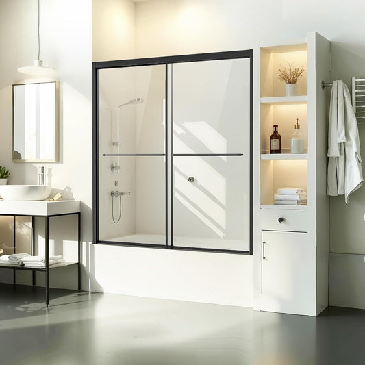 VEVOR Bathtub Shower Door, 50-60" W x 60" H, Semi-Frameless Double Sliding Tub Door, Semi-Frameless Bypass Tub Door with 1/4 in Shatterproof Tempered Glass and Stainless Steel Handle, Black