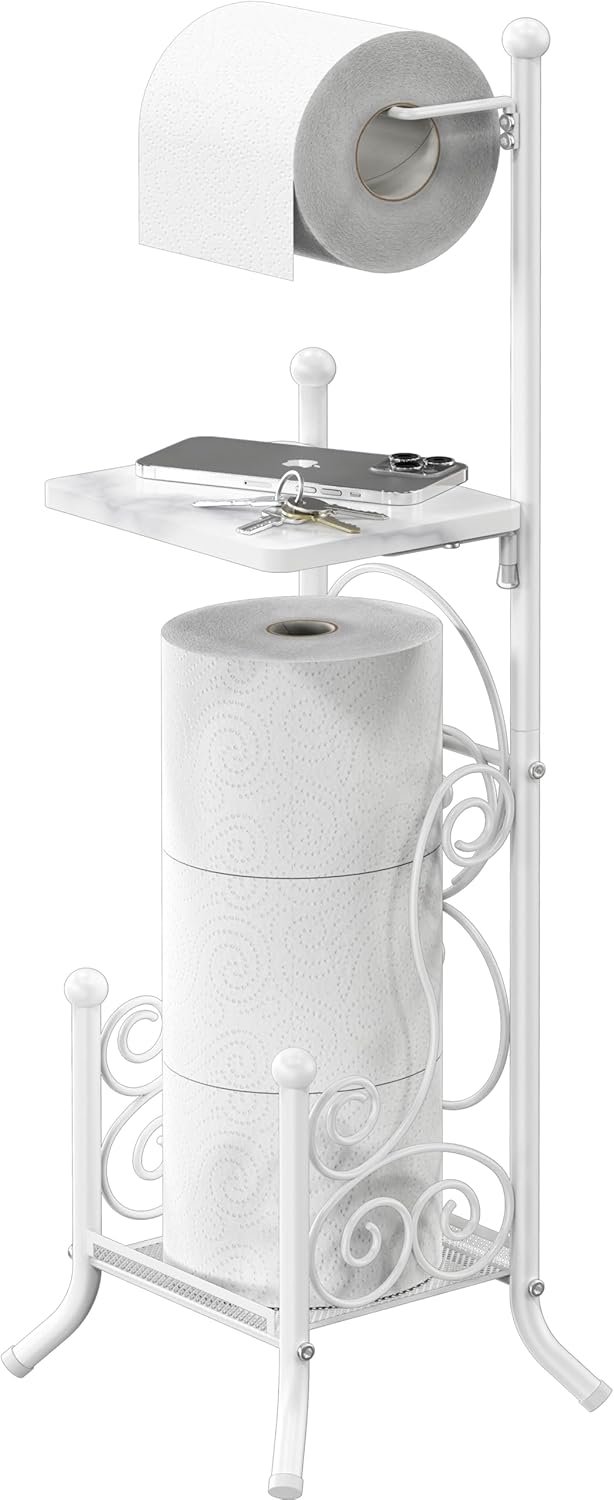 Simple Houseware English Style Bathroom Toilet Tissue Roll Holder Stand with Shelf, Bronze