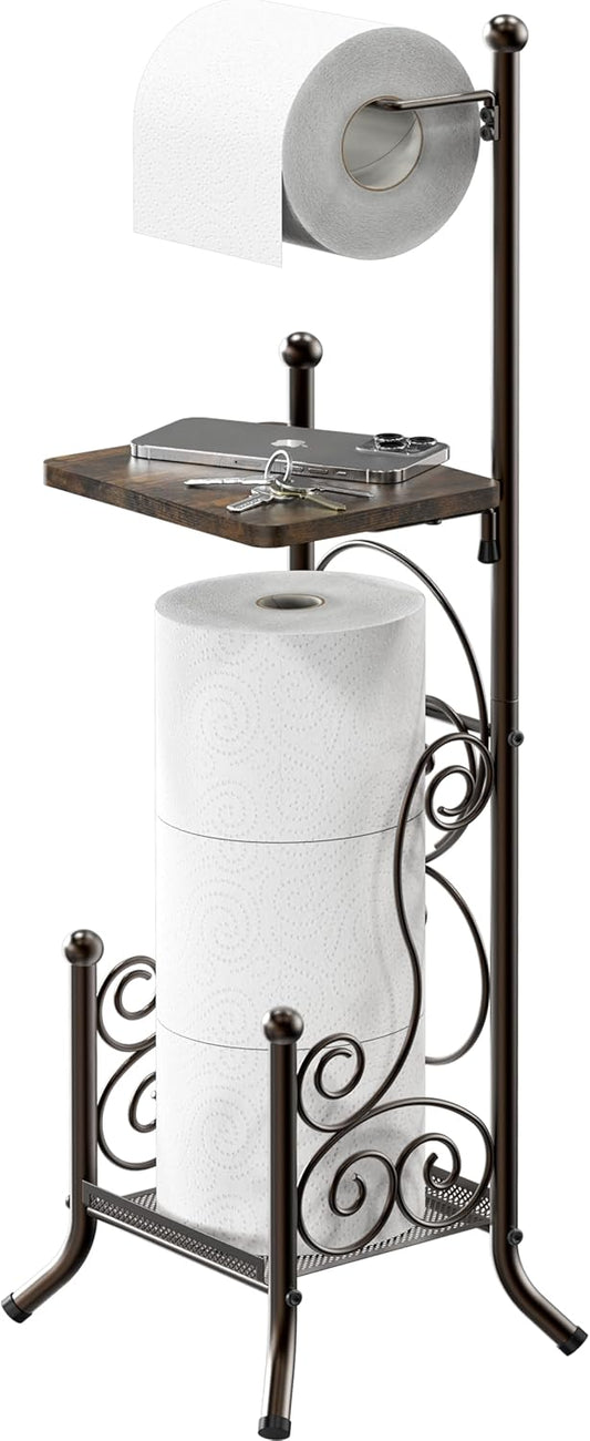 Simple Houseware English Style Bathroom Toilet Tissue Roll Holder Stand with Shelf, Bronze