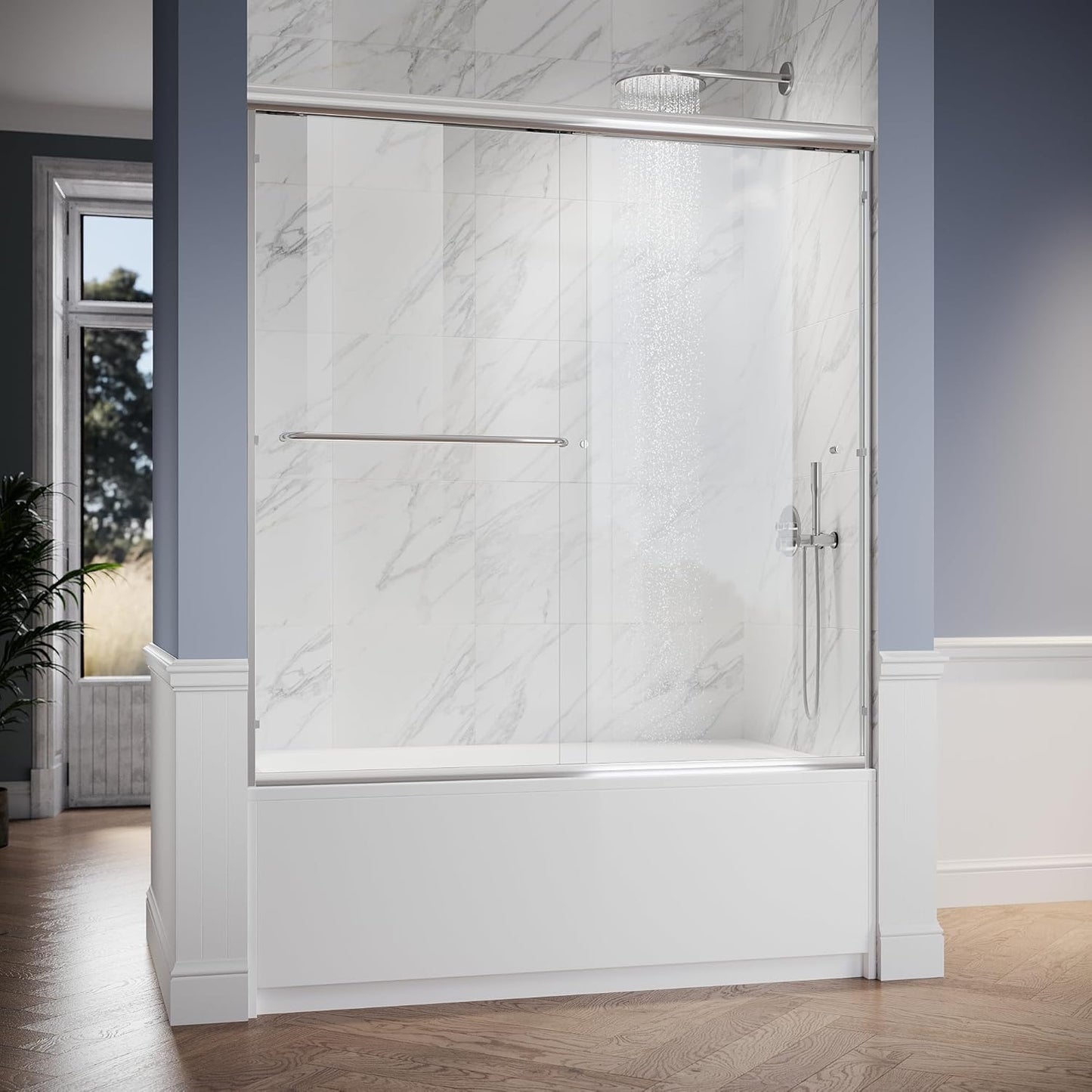 SUNNY SHOWER Bathtub Shower Door Glass Sliding Tub Door Semi-Frameless 1/4" Clear Glass Shower Enclosure Doors for Bathroom, Black Finish 58.5-60 in.W x 62 in.H