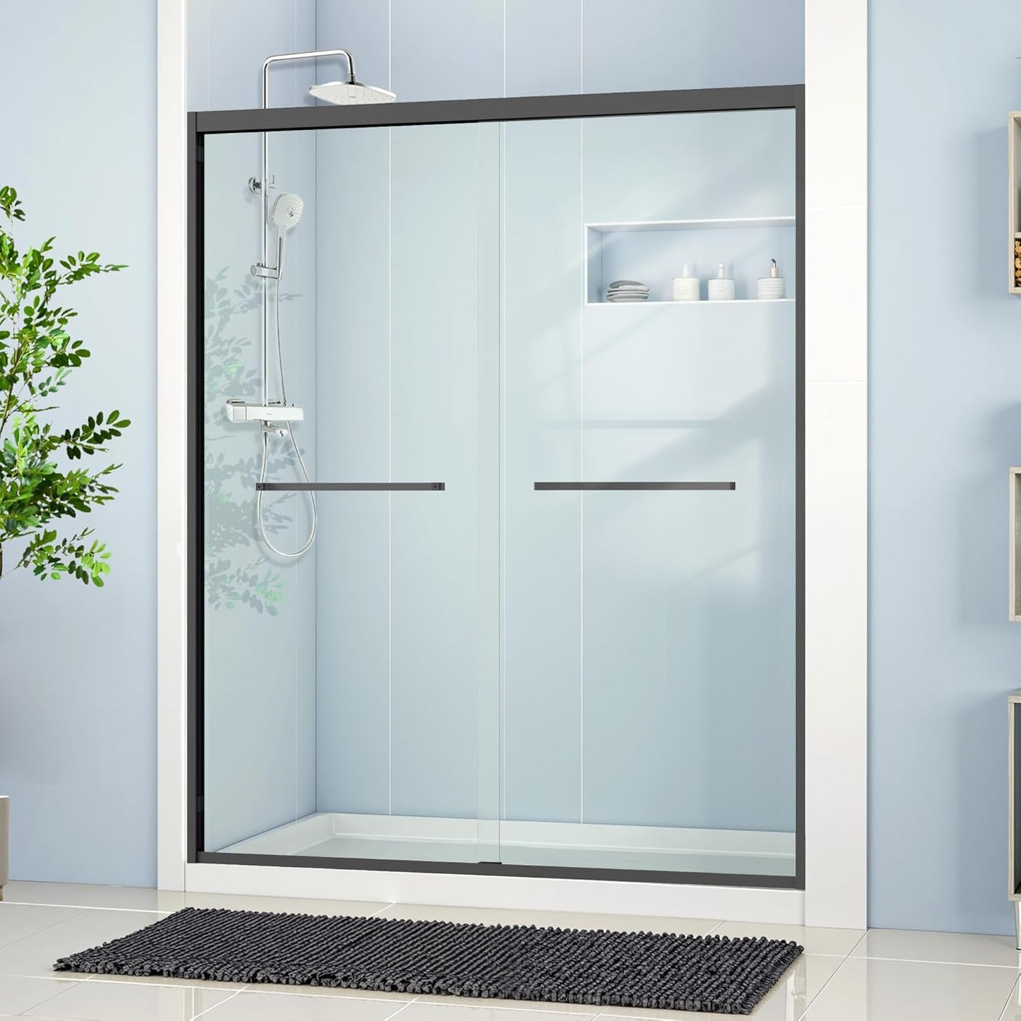 60''W×58''H Glass Tub Door Double Sliding Bathtub Door, 1/4''(6mm) Tempered Glass, Adjustable Width, Easy to Install & Clean, Matte Black