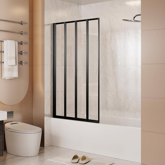 Folding Pivot Bathtub Shower Door with Linkage Hinge Fixtures, Bi Fold Framed Bath Screen Tub Door with Tempered Safety Glass,31 1/2 in. W x 55 in. H (Black)